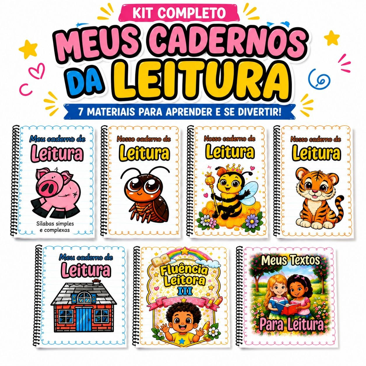 Kit Completo de Alfabetização com 7 materiais de leitura ilustrados